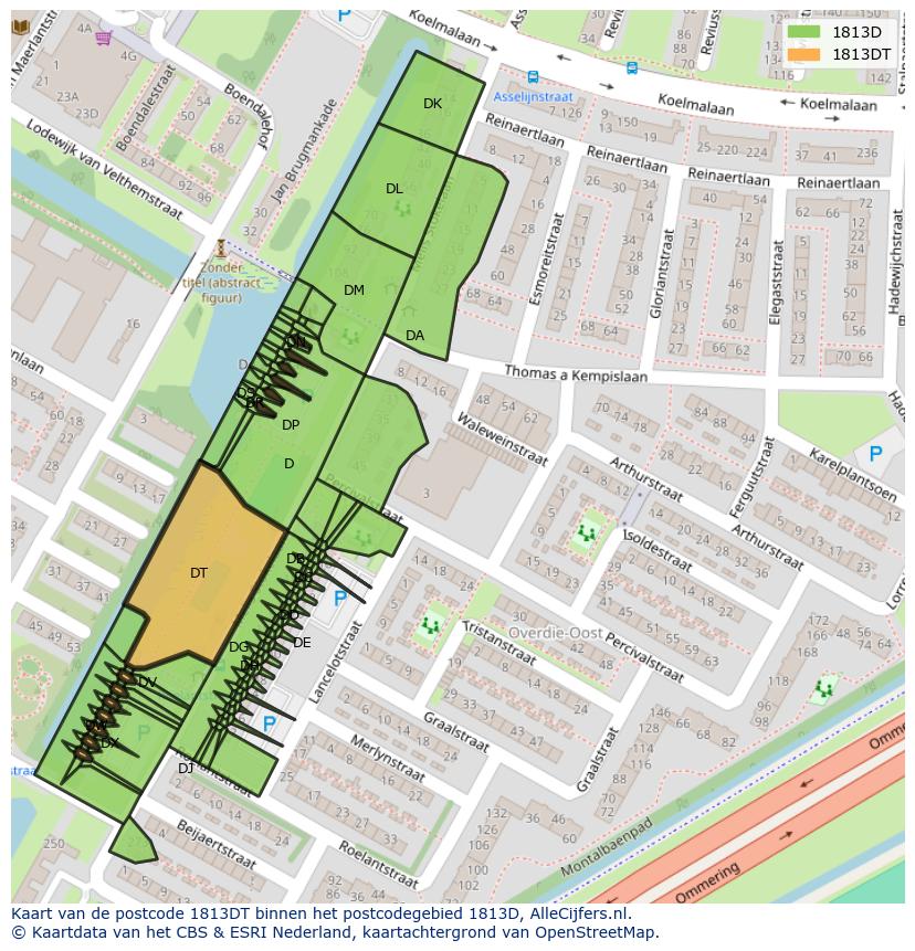 Afbeelding van het postcodegebied 1813 DT op de kaart.