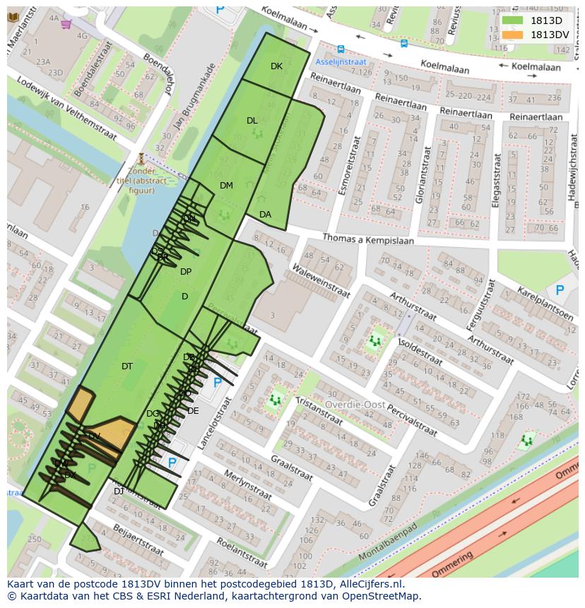 Afbeelding van het postcodegebied 1813 DV op de kaart.