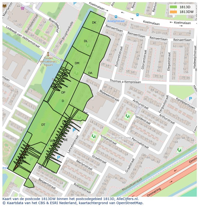 Afbeelding van het postcodegebied 1813 DW op de kaart.