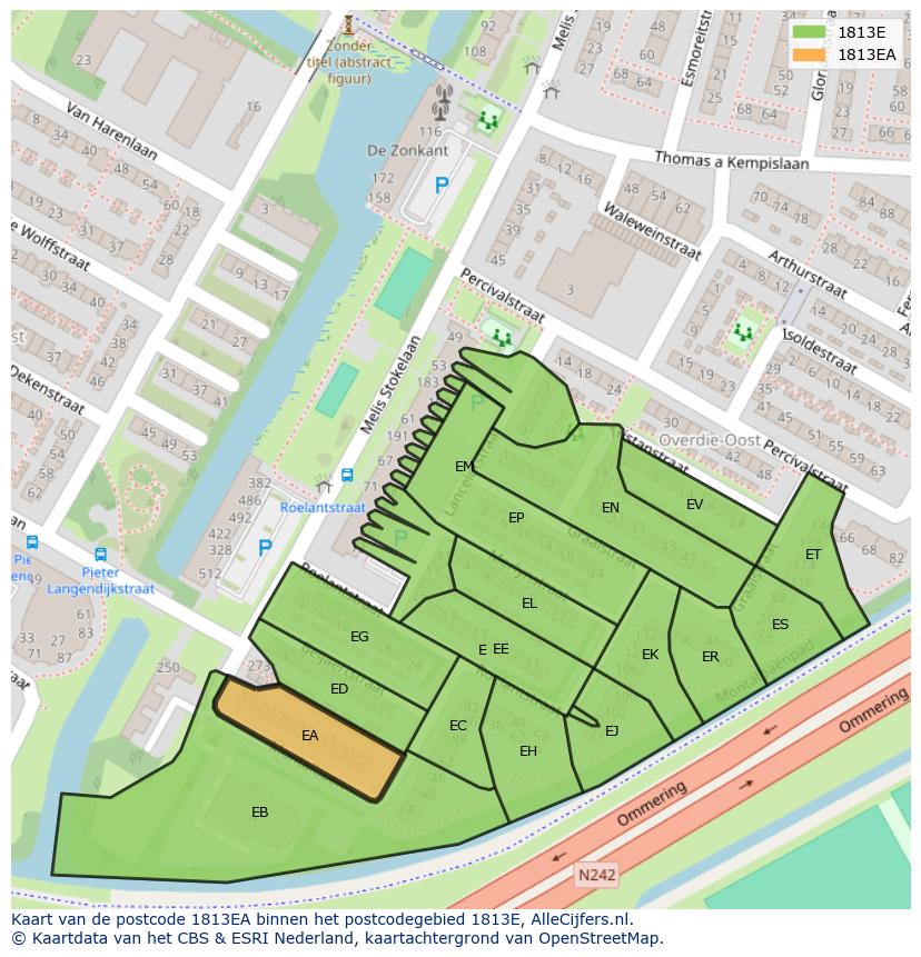 Afbeelding van het postcodegebied 1813 EA op de kaart.