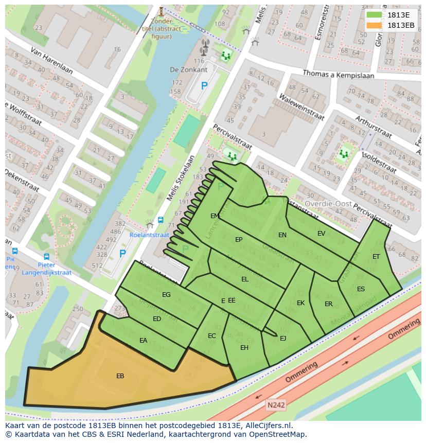 Afbeelding van het postcodegebied 1813 EB op de kaart.