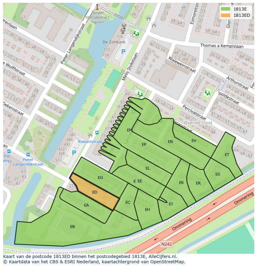 Afbeelding van het postcodegebied 1813 ED op de kaart.