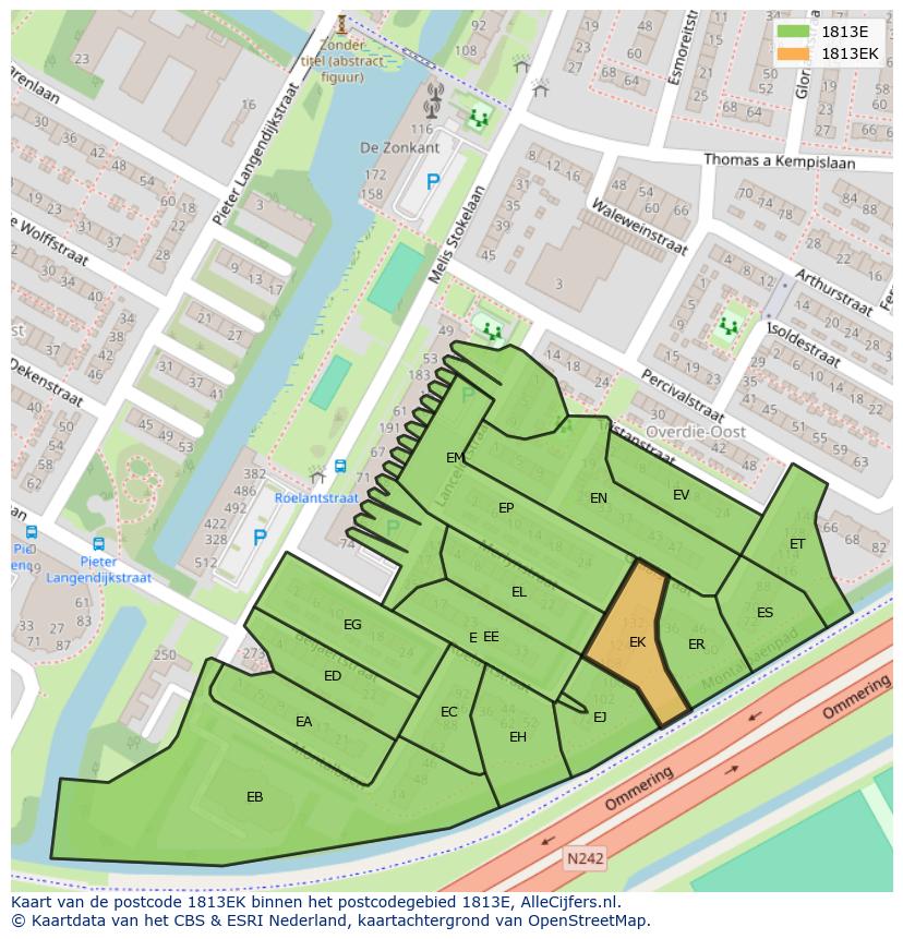 Afbeelding van het postcodegebied 1813 EK op de kaart.