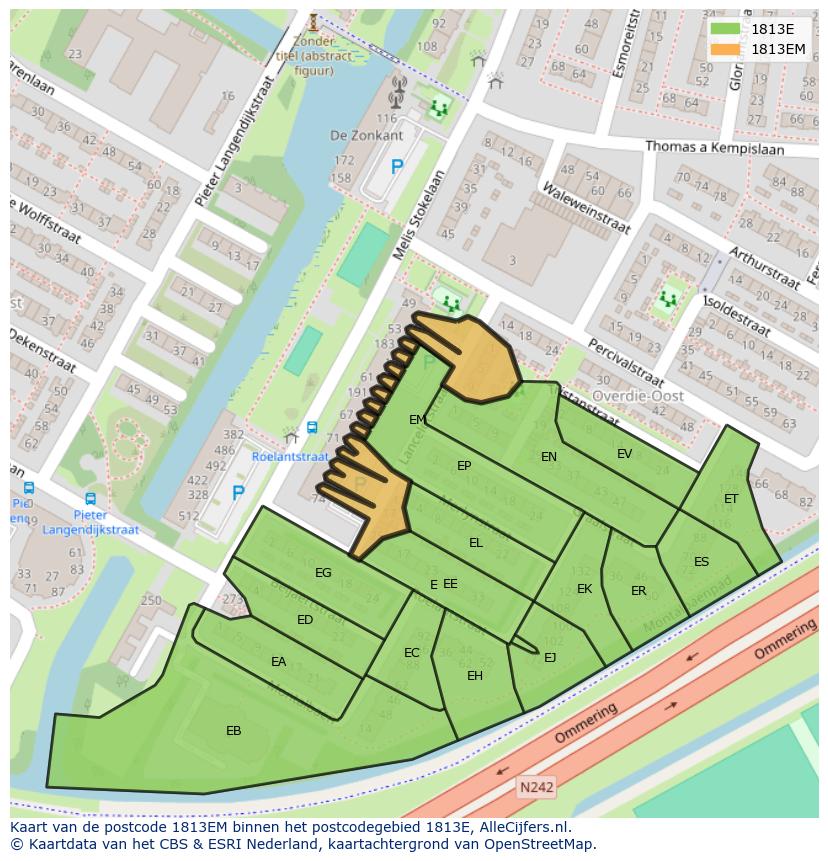 Afbeelding van het postcodegebied 1813 EM op de kaart.