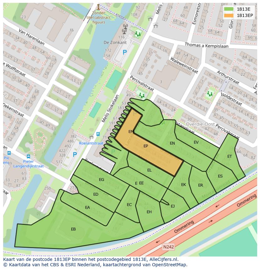 Afbeelding van het postcodegebied 1813 EP op de kaart.