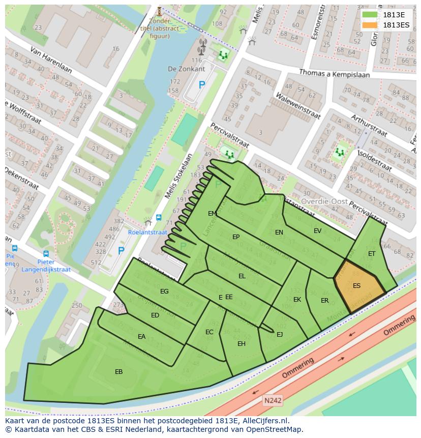 Afbeelding van het postcodegebied 1813 ES op de kaart.