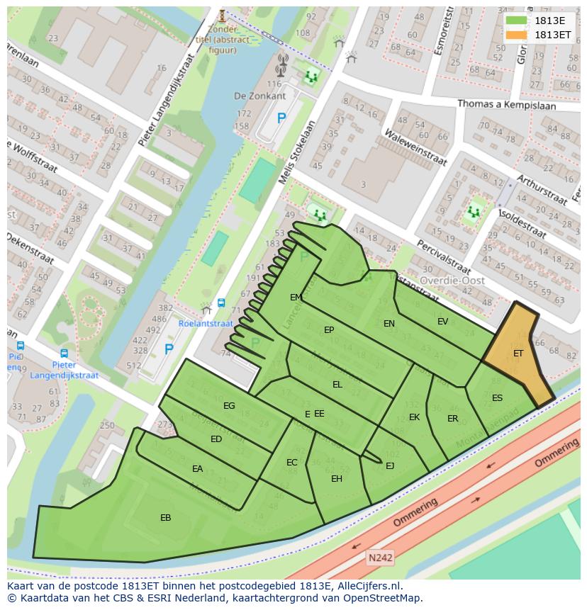 Afbeelding van het postcodegebied 1813 ET op de kaart.