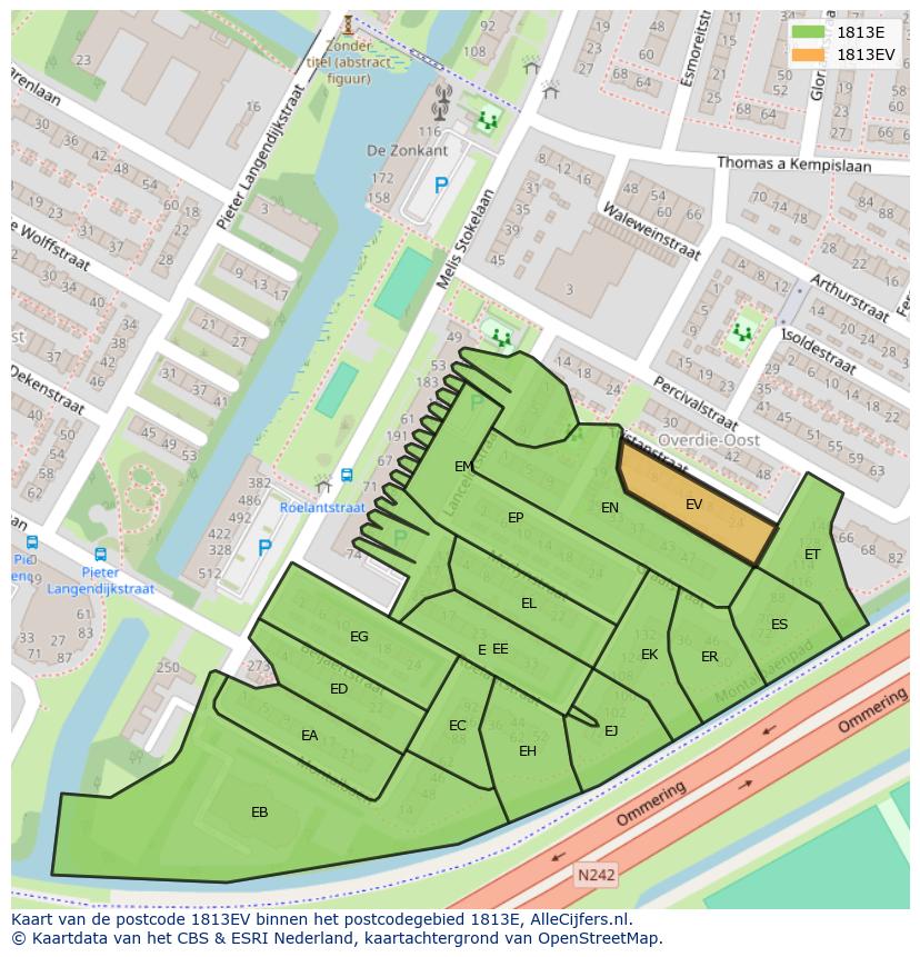 Afbeelding van het postcodegebied 1813 EV op de kaart.