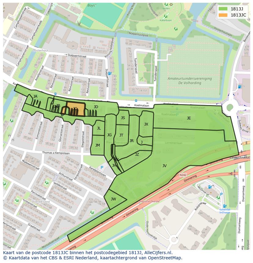 Afbeelding van het postcodegebied 1813 JC op de kaart.