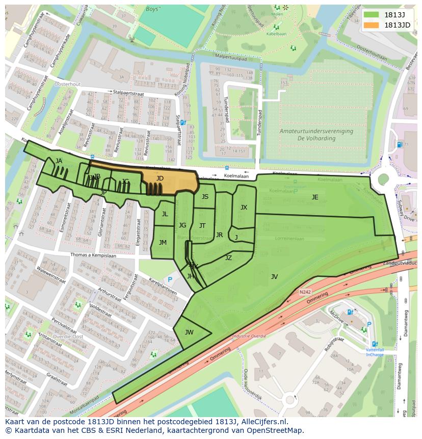 Afbeelding van het postcodegebied 1813 JD op de kaart.
