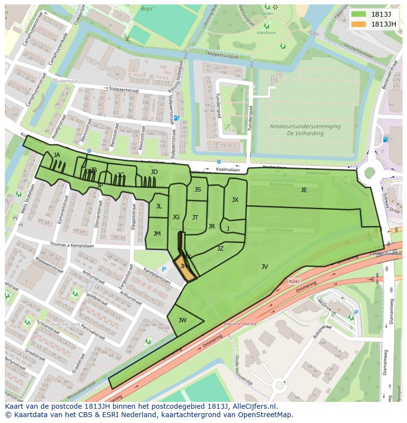 Afbeelding van het postcodegebied 1813 JH op de kaart.