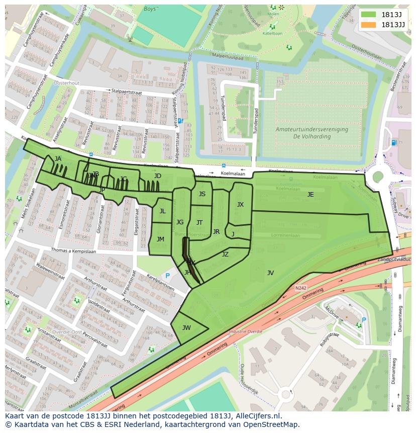 Afbeelding van het postcodegebied 1813 JJ op de kaart.