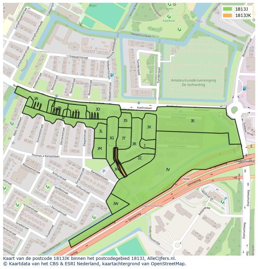 Afbeelding van het postcodegebied 1813 JK op de kaart.