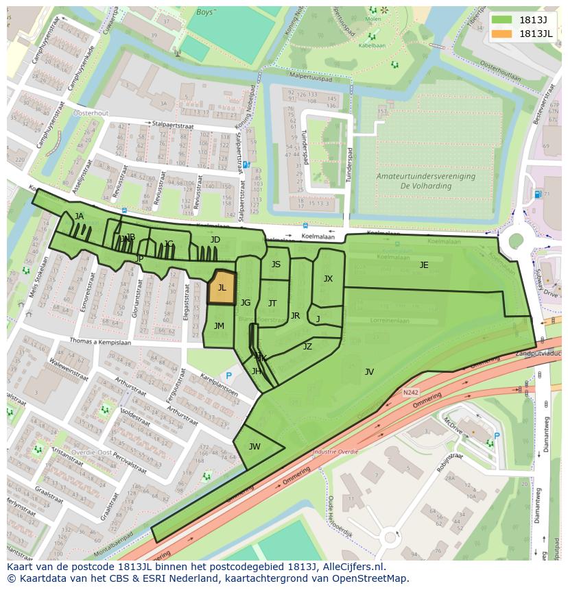 Afbeelding van het postcodegebied 1813 JL op de kaart.