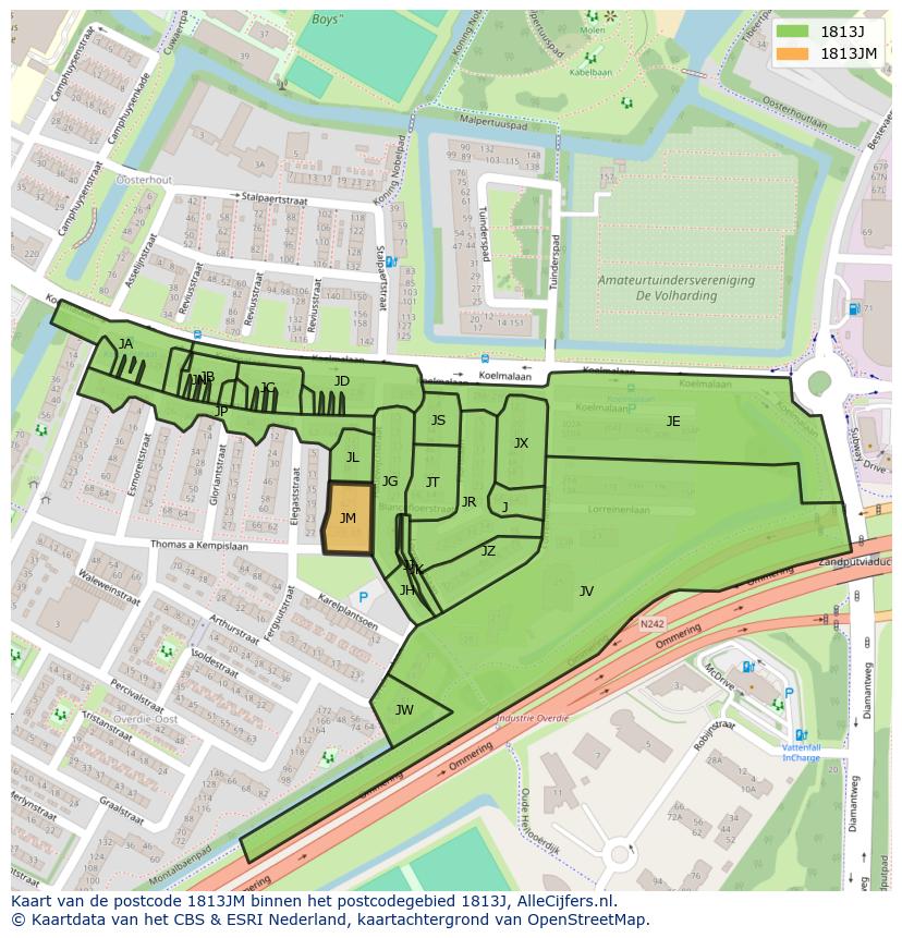 Afbeelding van het postcodegebied 1813 JM op de kaart.