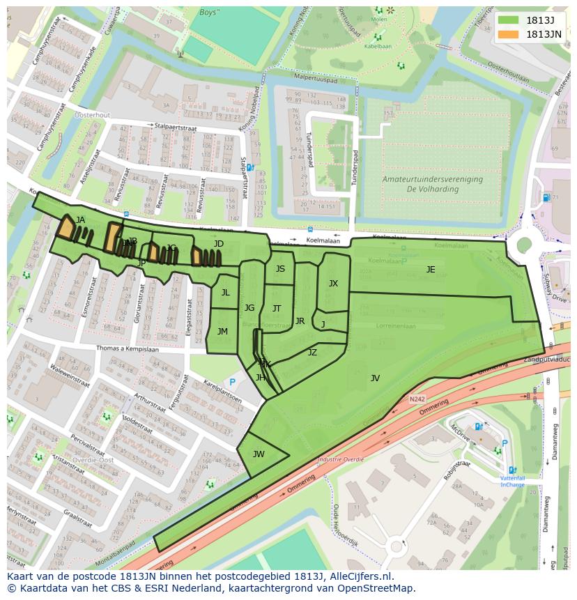 Afbeelding van het postcodegebied 1813 JN op de kaart.