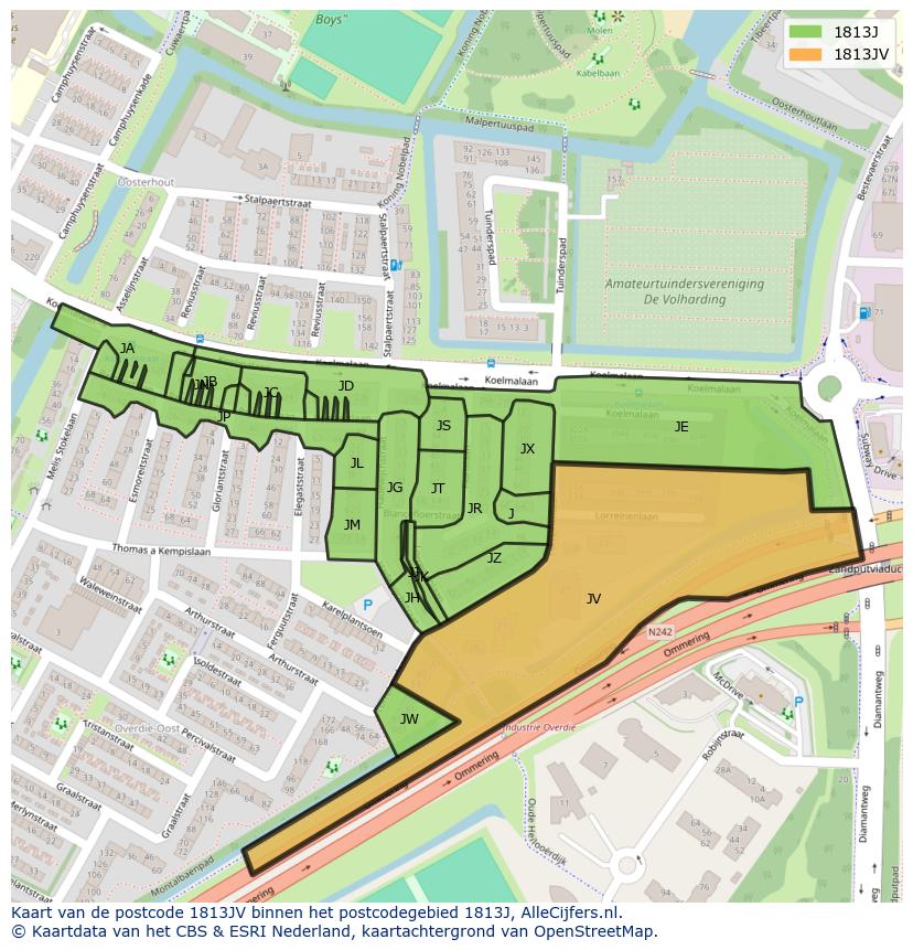 Afbeelding van het postcodegebied 1813 JV op de kaart.