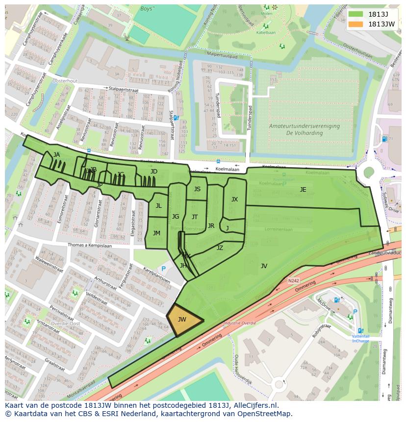 Afbeelding van het postcodegebied 1813 JW op de kaart.