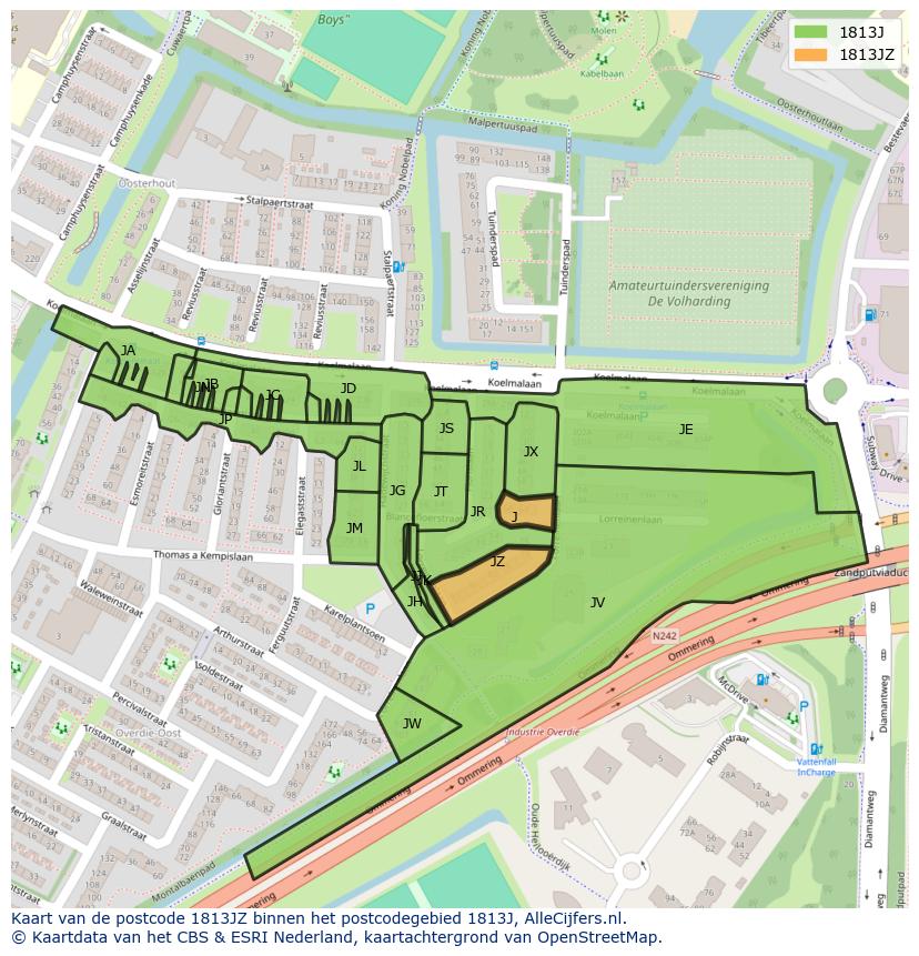 Afbeelding van het postcodegebied 1813 JZ op de kaart.