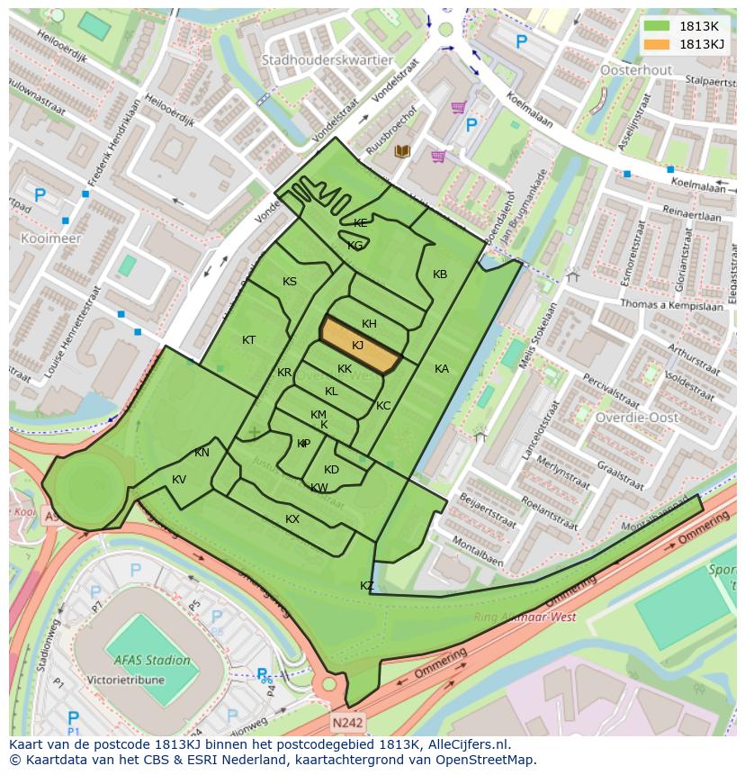 Afbeelding van het postcodegebied 1813 KJ op de kaart.