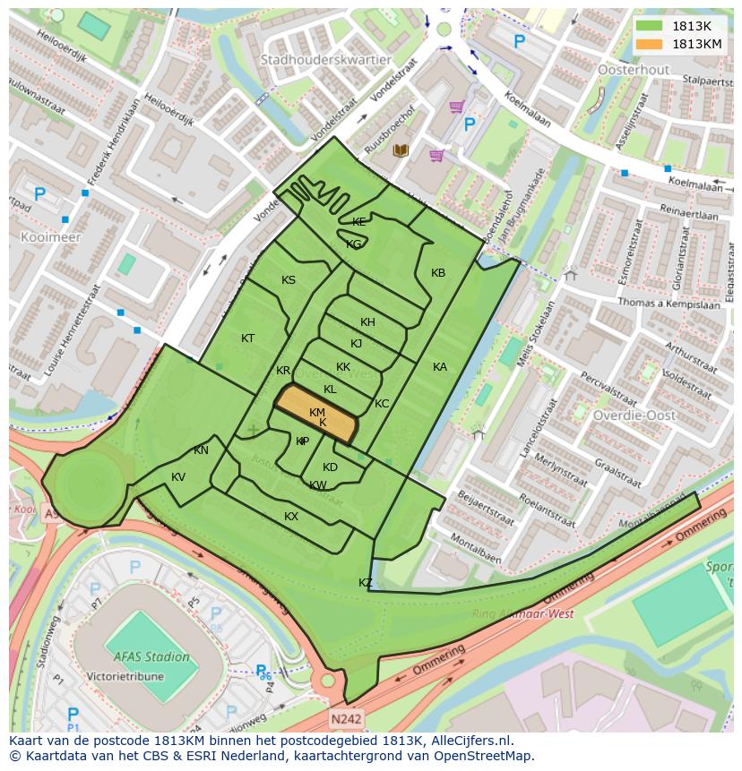 Afbeelding van het postcodegebied 1813 KM op de kaart.