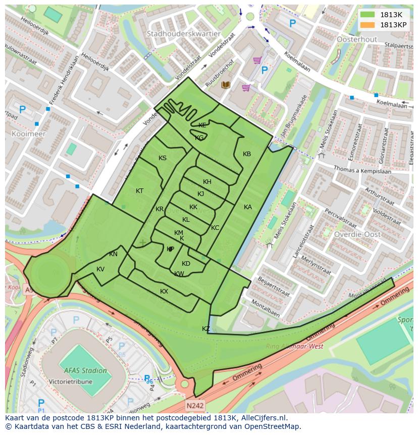 Afbeelding van het postcodegebied 1813 KP op de kaart.