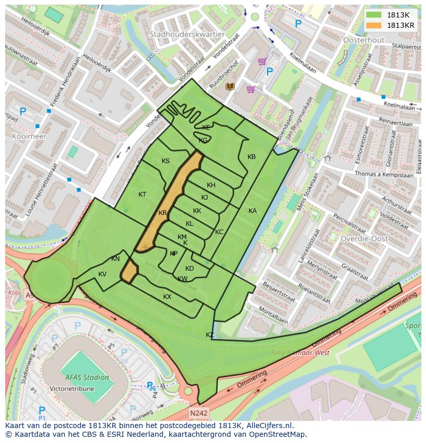 Afbeelding van het postcodegebied 1813 KR op de kaart.