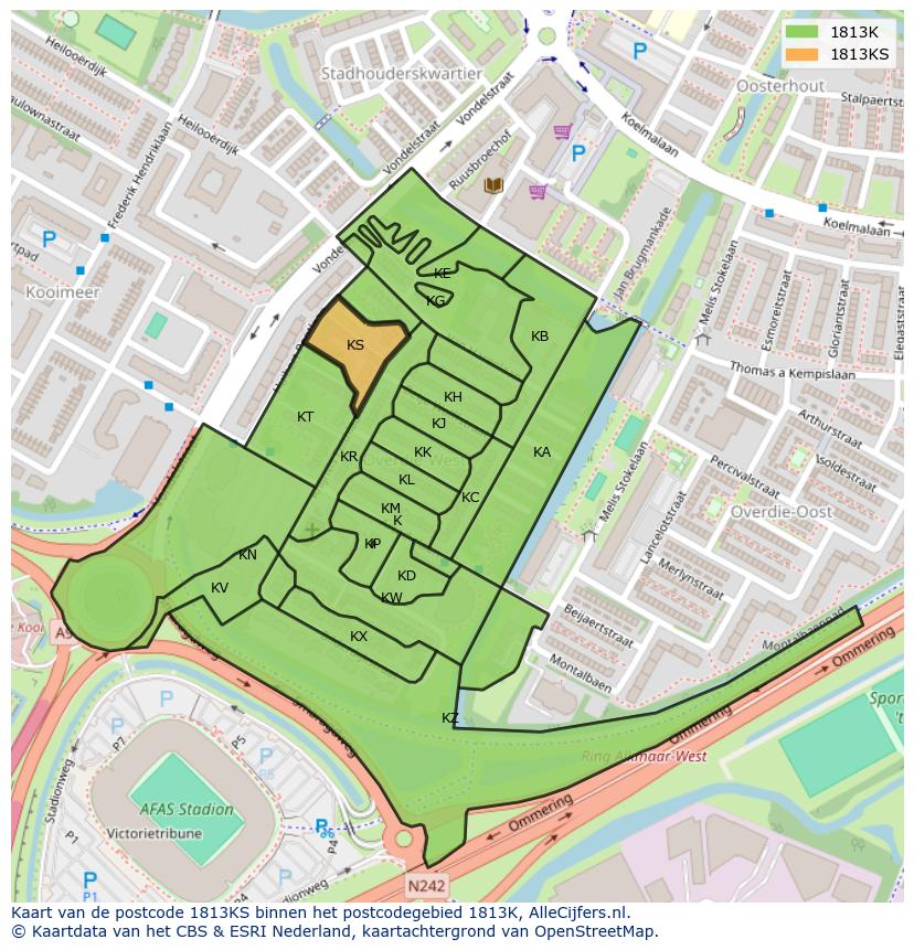 Afbeelding van het postcodegebied 1813 KS op de kaart.