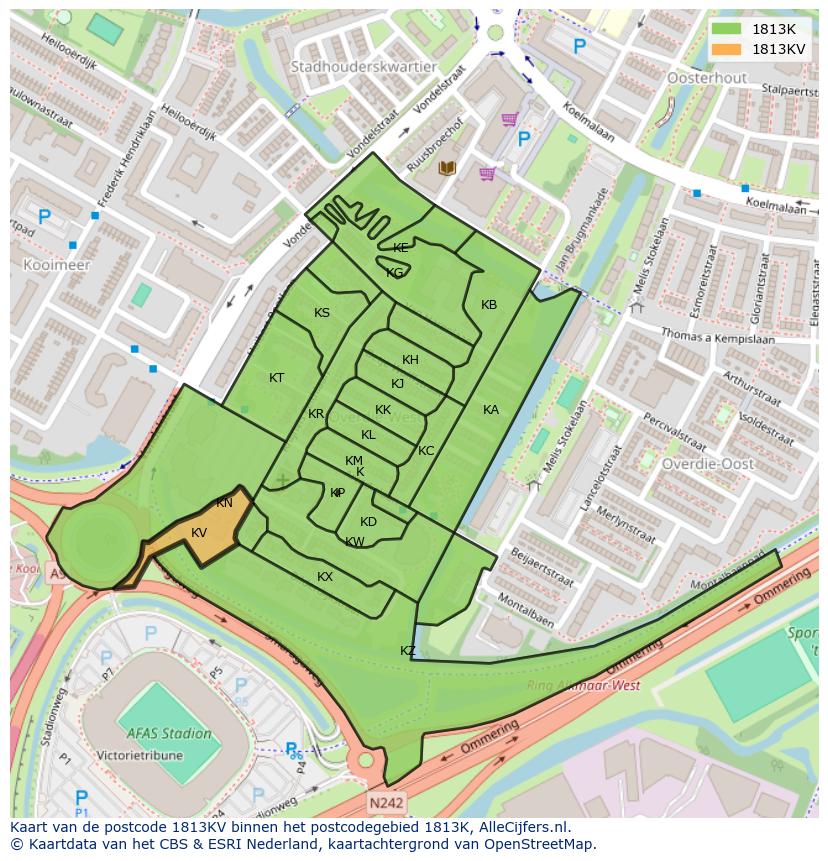 Afbeelding van het postcodegebied 1813 KV op de kaart.