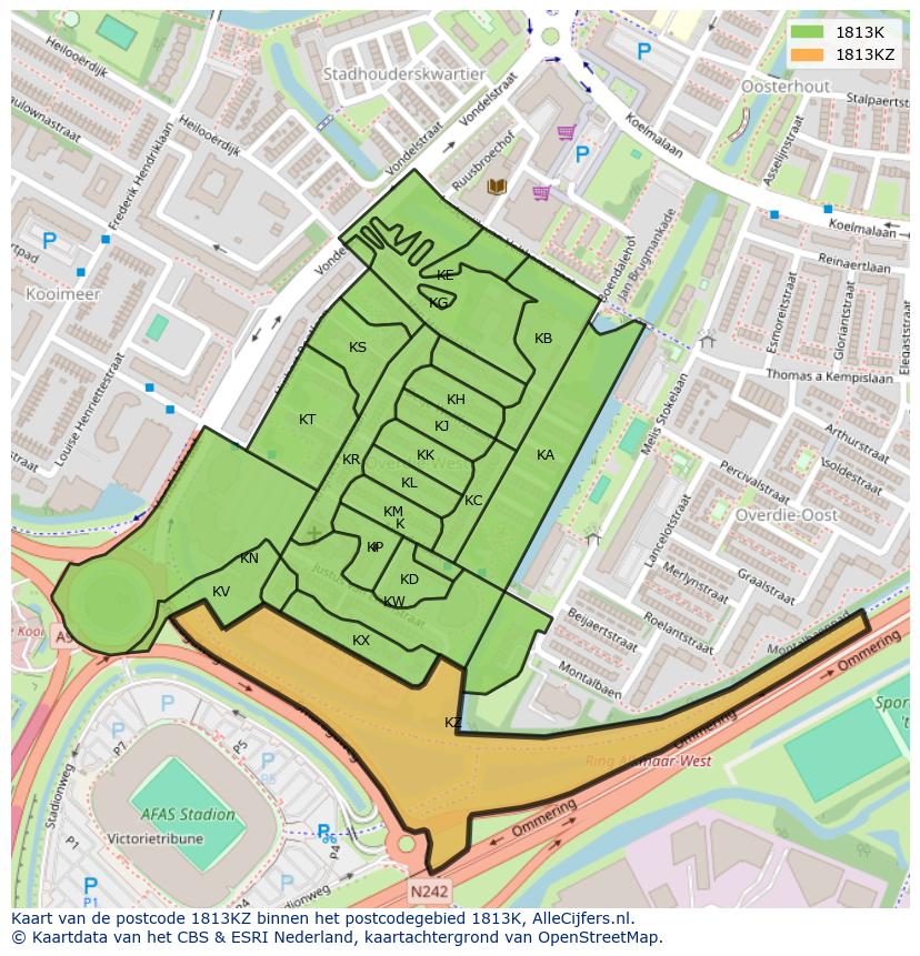 Afbeelding van het postcodegebied 1813 KZ op de kaart.