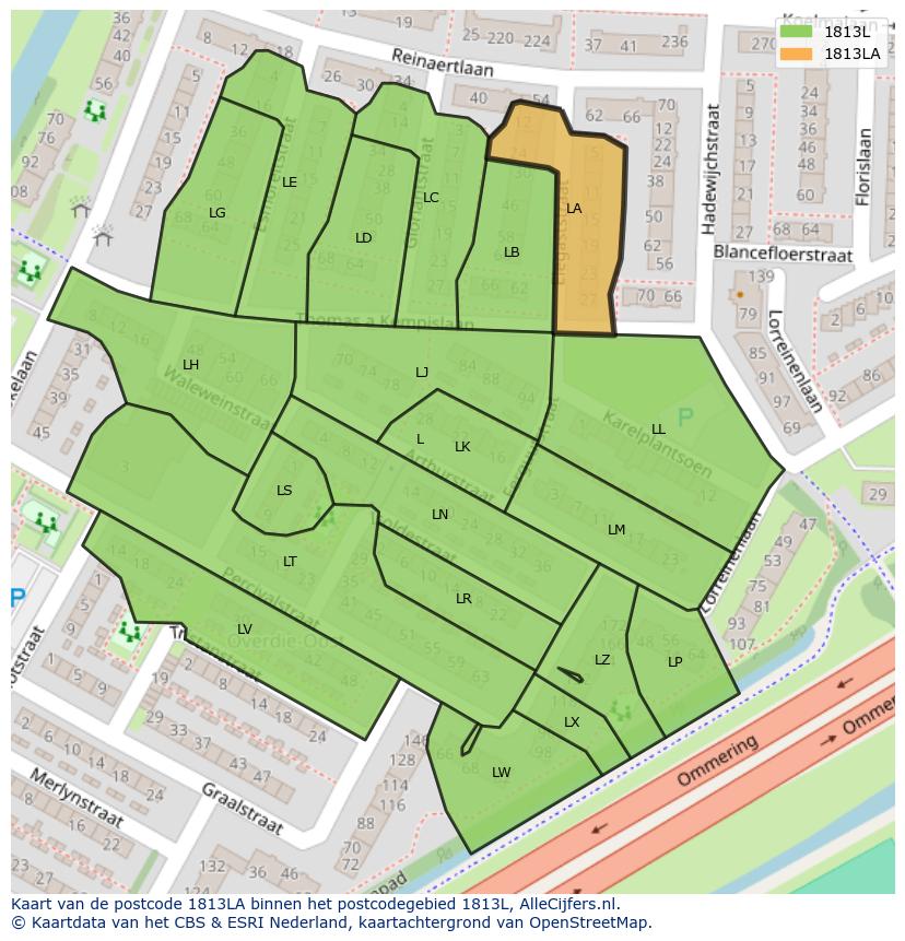 Afbeelding van het postcodegebied 1813 LA op de kaart.