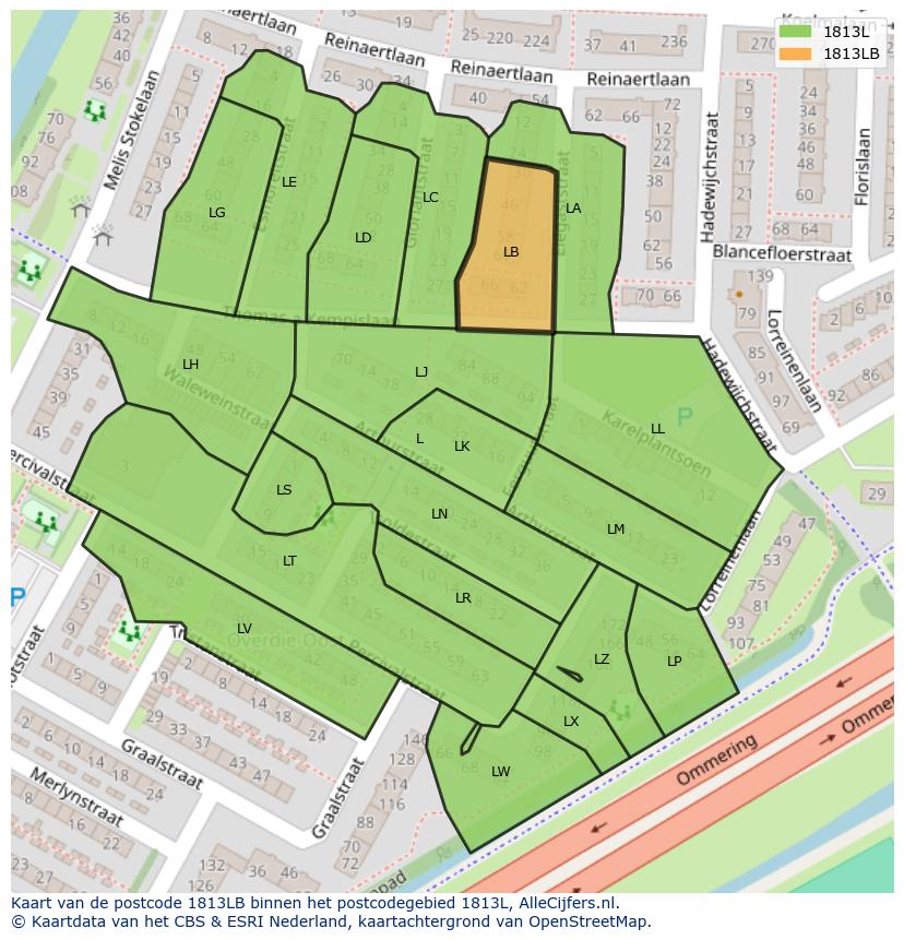 Afbeelding van het postcodegebied 1813 LB op de kaart.