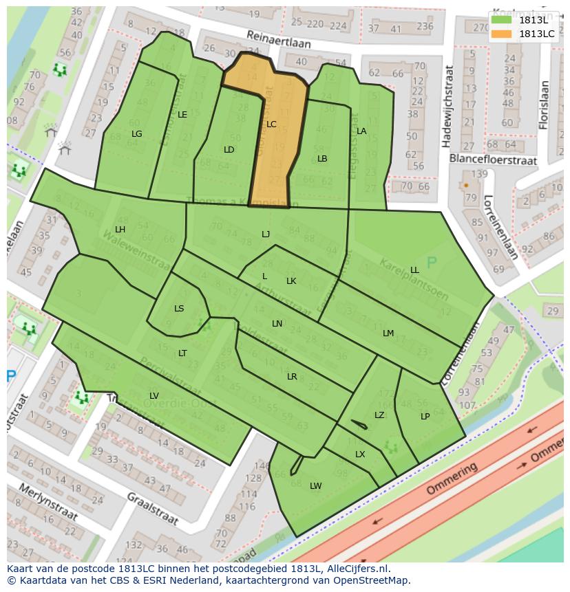 Afbeelding van het postcodegebied 1813 LC op de kaart.