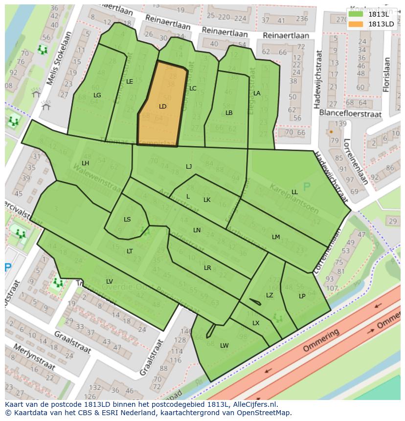 Afbeelding van het postcodegebied 1813 LD op de kaart.