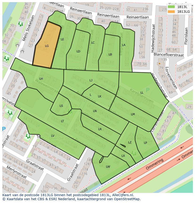 Afbeelding van het postcodegebied 1813 LG op de kaart.