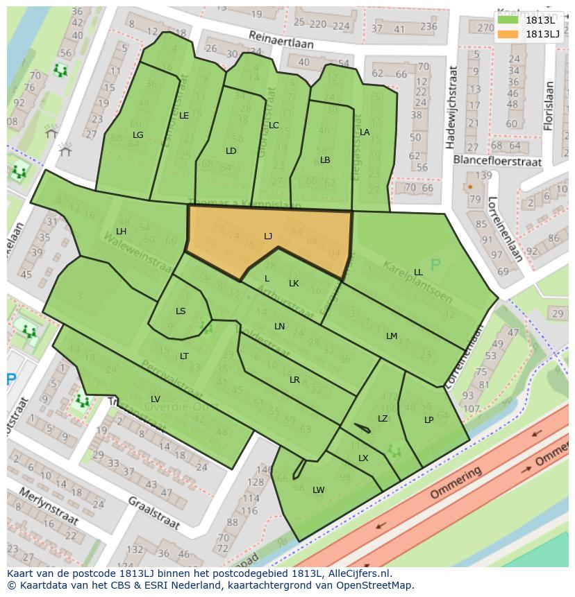 Afbeelding van het postcodegebied 1813 LJ op de kaart.
