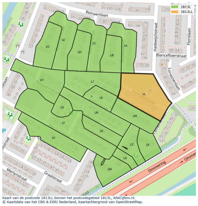 Afbeelding van het postcodegebied 1813 LL op de kaart.