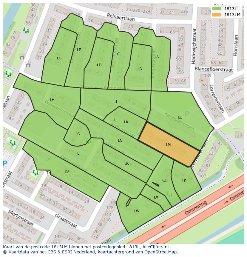 Afbeelding van het postcodegebied 1813 LM op de kaart.