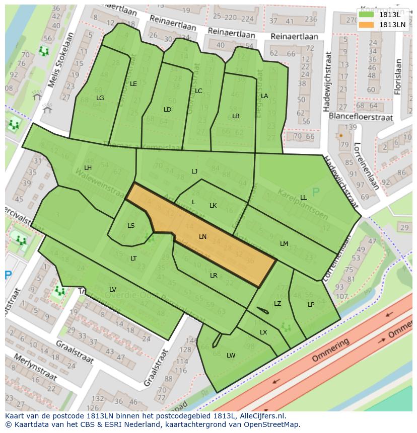 Afbeelding van het postcodegebied 1813 LN op de kaart.