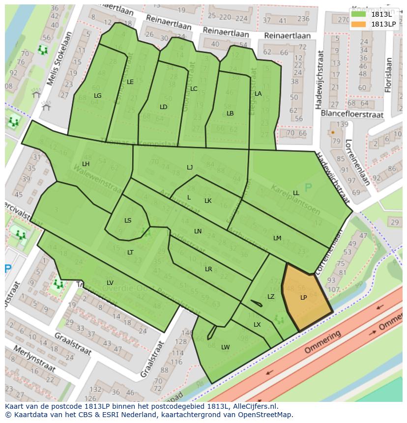 Afbeelding van het postcodegebied 1813 LP op de kaart.