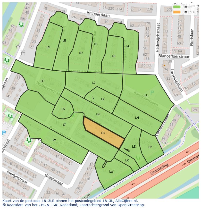 Afbeelding van het postcodegebied 1813 LR op de kaart.