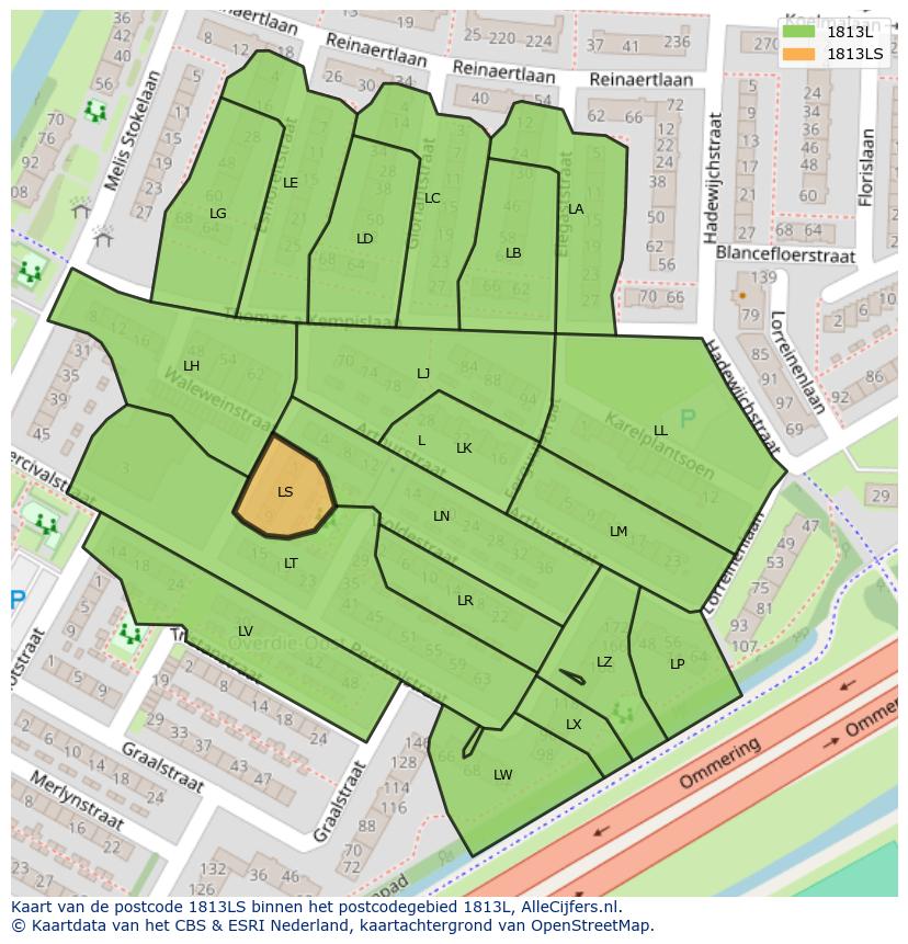 Afbeelding van het postcodegebied 1813 LS op de kaart.