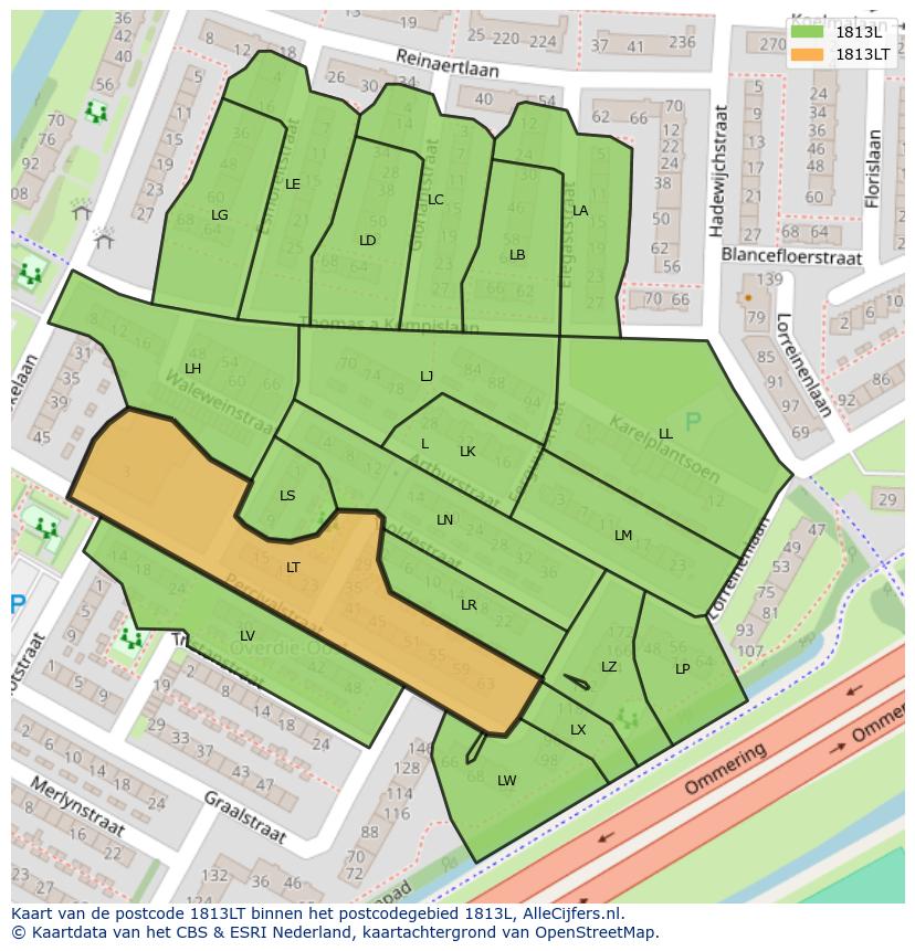 Afbeelding van het postcodegebied 1813 LT op de kaart.
