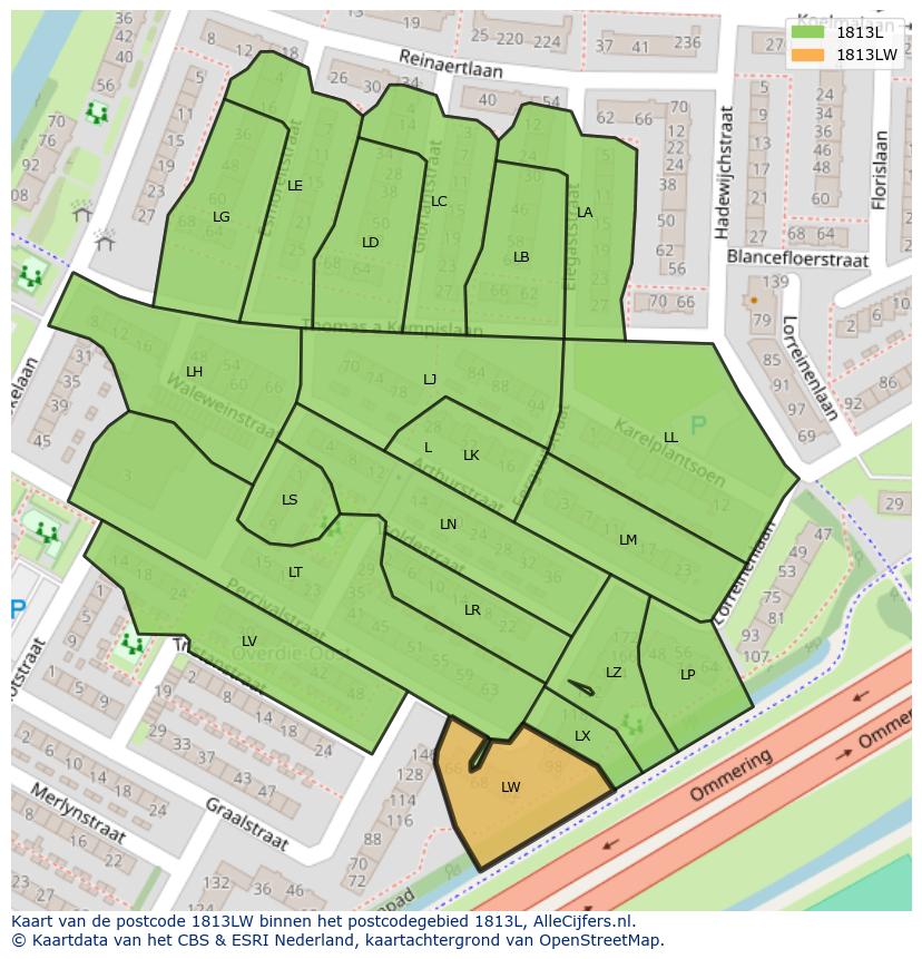 Afbeelding van het postcodegebied 1813 LW op de kaart.