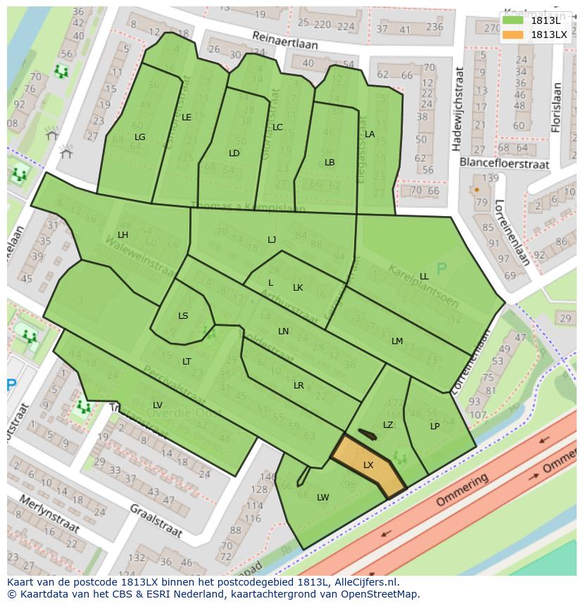 Afbeelding van het postcodegebied 1813 LX op de kaart.