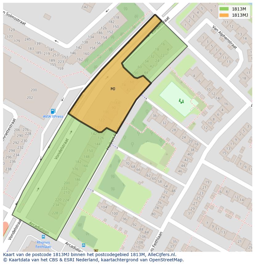 Afbeelding van het postcodegebied 1813 MJ op de kaart.