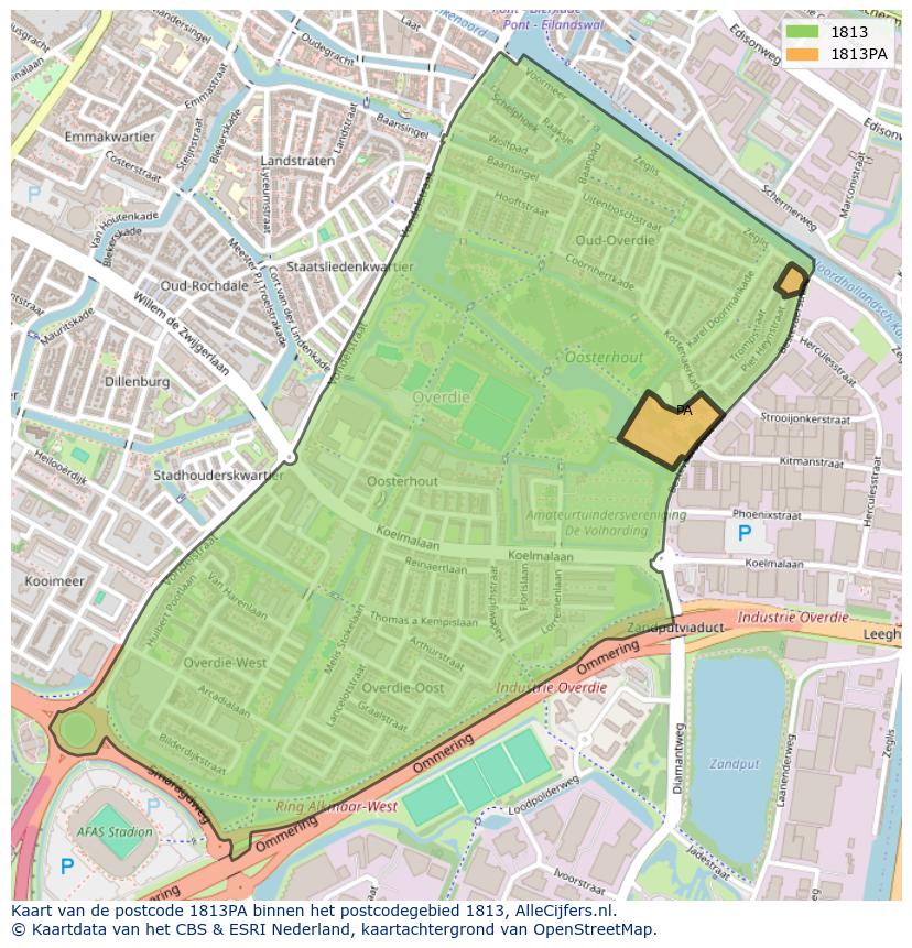 Afbeelding van het postcodegebied 1813 PA op de kaart.