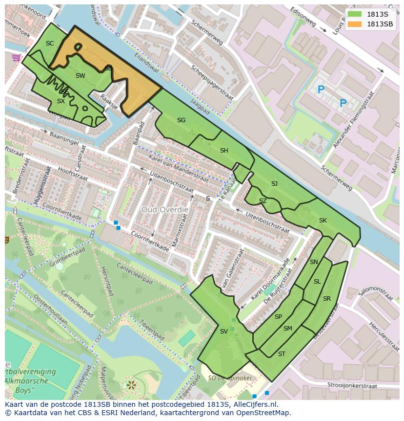 Afbeelding van het postcodegebied 1813 SB op de kaart.