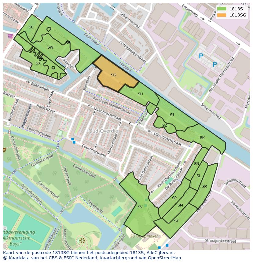 Afbeelding van het postcodegebied 1813 SG op de kaart.