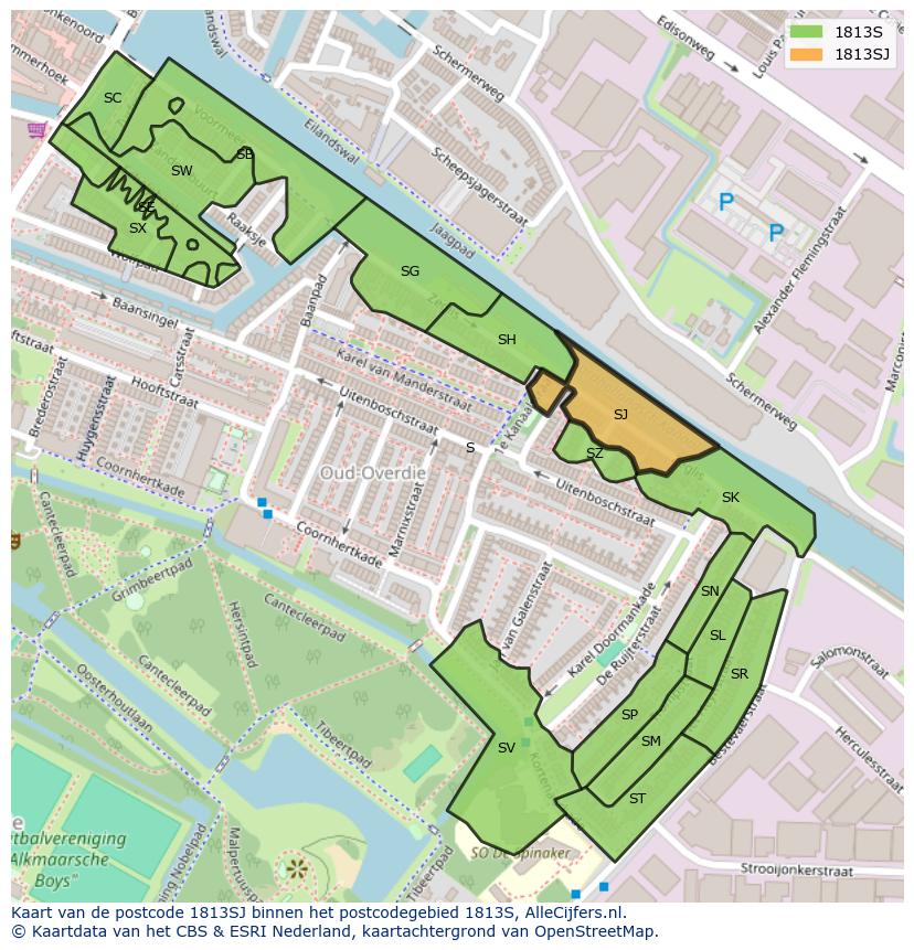 Afbeelding van het postcodegebied 1813 SJ op de kaart.